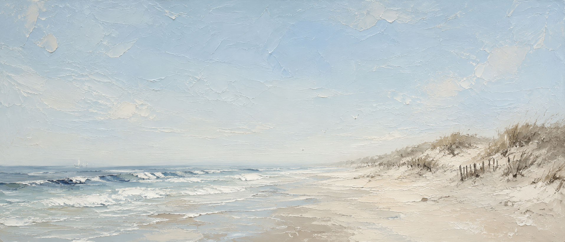 Original oil painting of a serene beach with soft waves, pale sand, and a distant horizon under a quiet sky