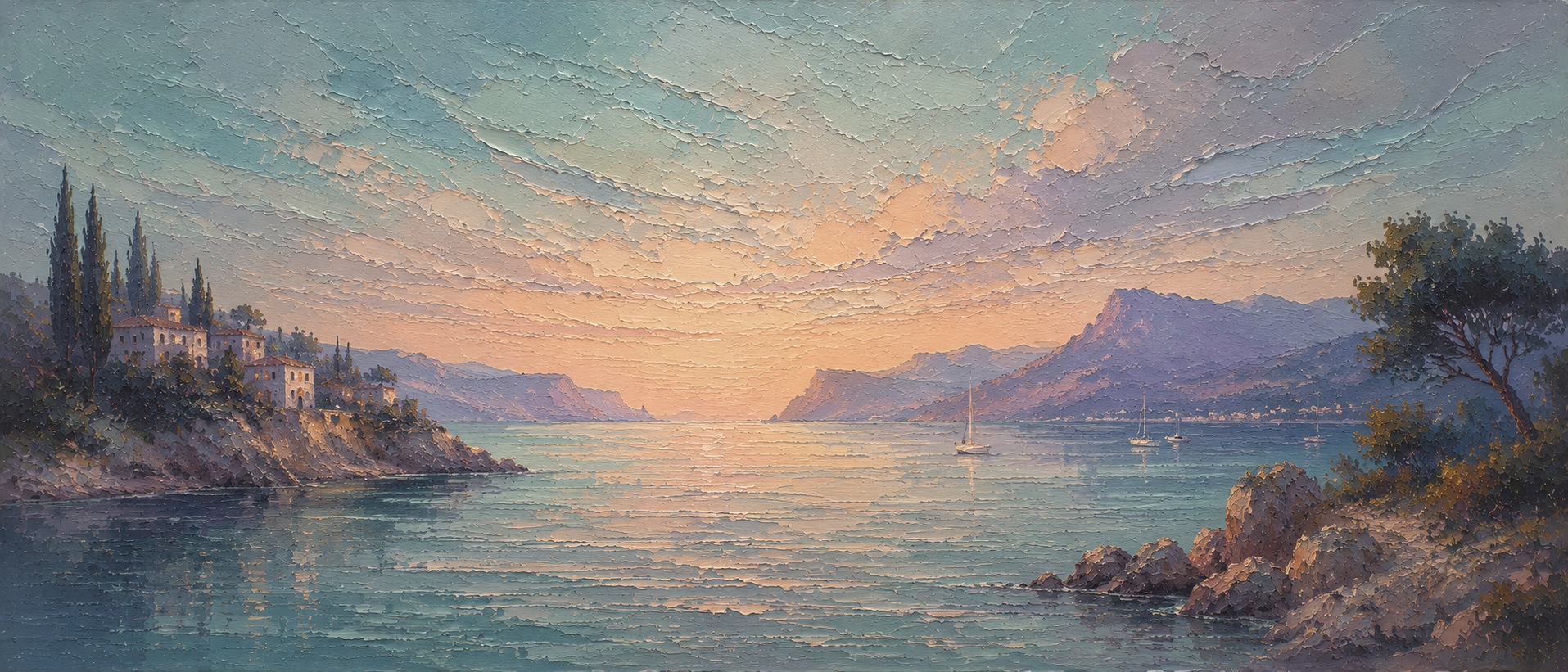 Mediterranean coastal sunset painting