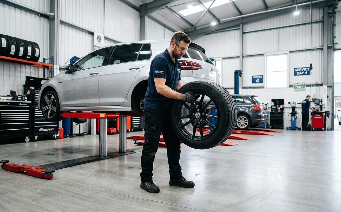 Mechanic in a clean workshop rotating a tire on a lift