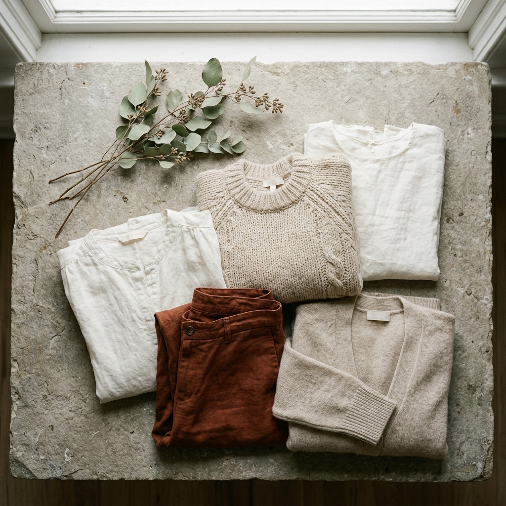 Flatlay of folded linen and wool garments in muted autumn tones