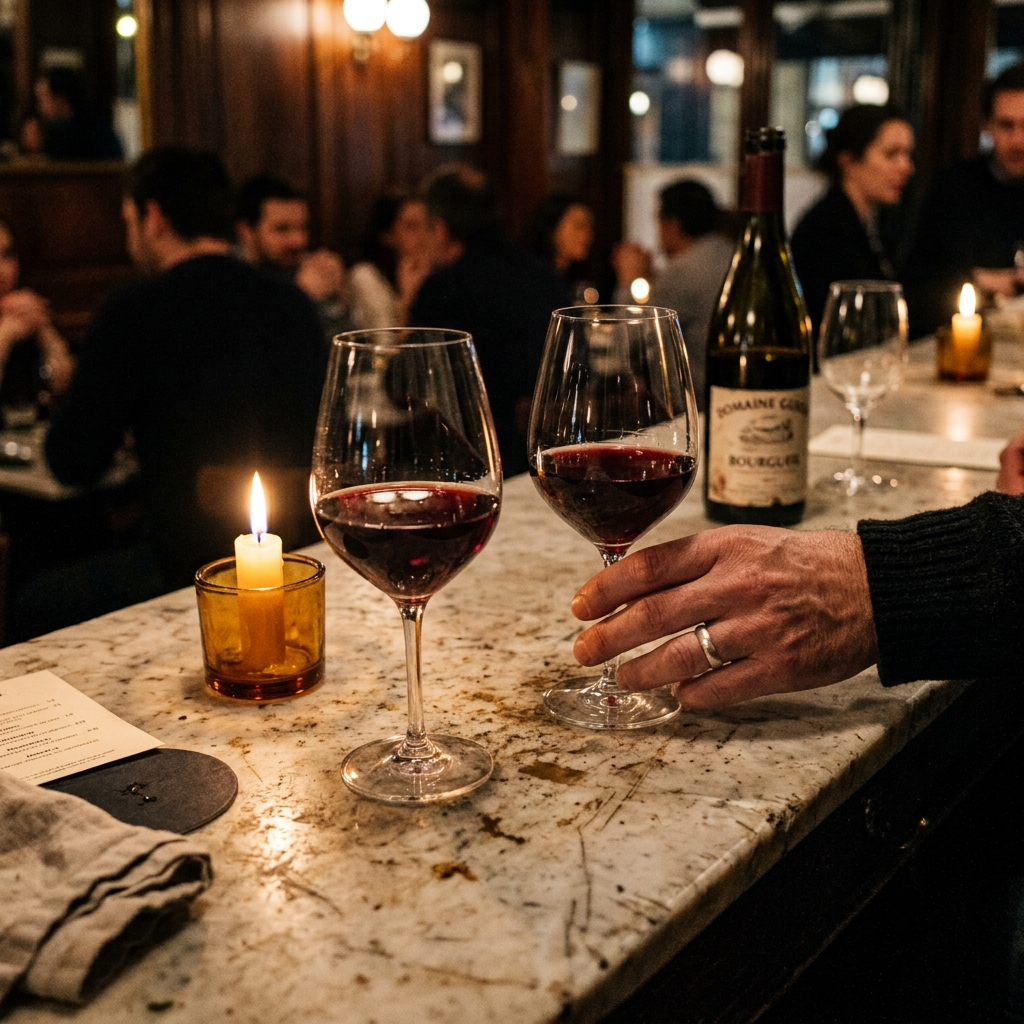 Two glasses of natural red wine on a marble bar with soft candlelight