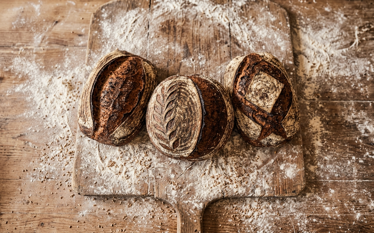 Overhead shot of crusty sourdough loaves on a floured wooden board
