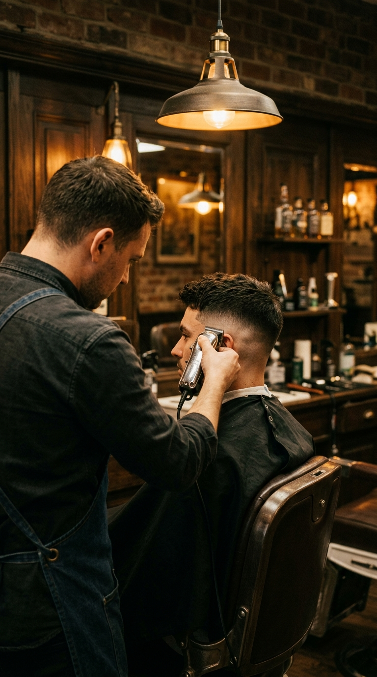 Barber giving a client a sharp fade haircut in a warm-lit shop