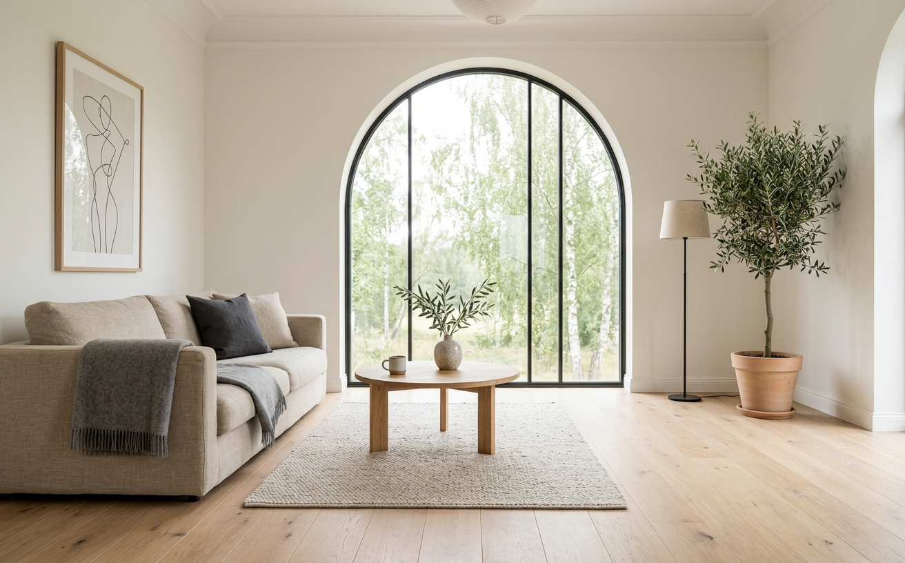Minimalist Scandinavian interior with warm oak floors and soft daylight