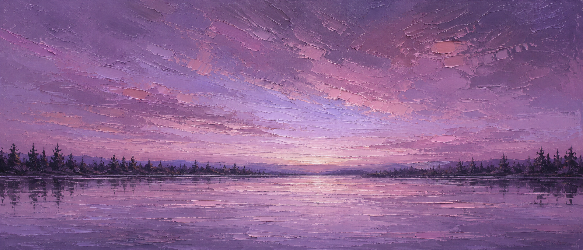 Purple oil painting of a serene lake at sunset