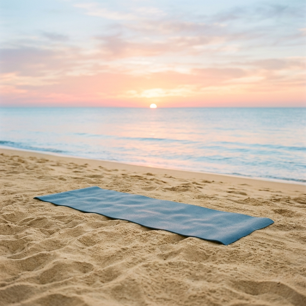 Yoga mat unrolled on soft sand at sunrise with pastel sky