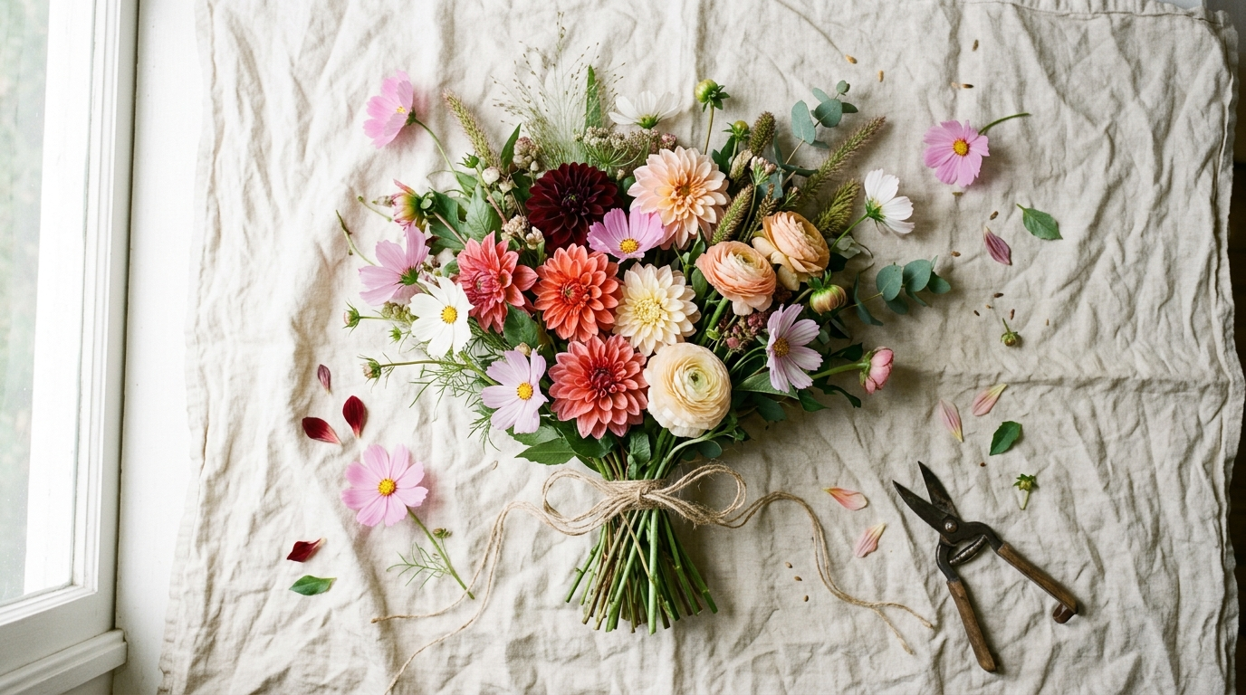 Wild-style bouquet of dahlias and cosmos on a linen backdrop